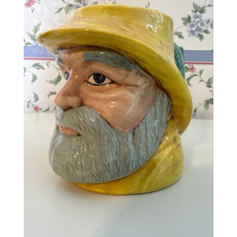 Vintage Fisherman Character Mug Yellow Rain Hat Green Fish Handle Ceramic 6in